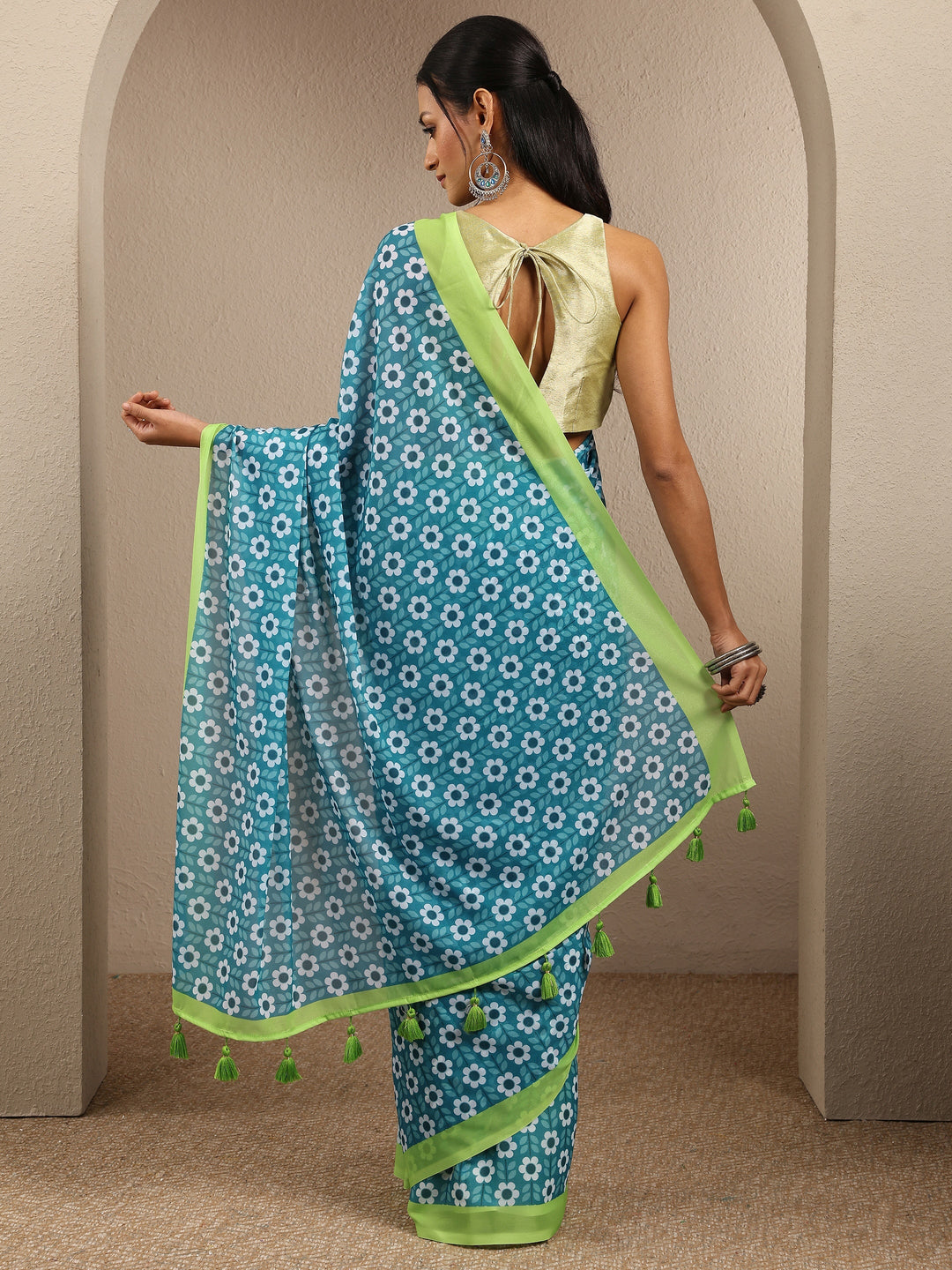 Blue Printed Georgette Saree With Unstitched Blouse Piece