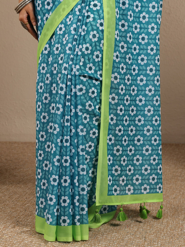 Blue Printed Georgette Saree With Unstitched Blouse Piece