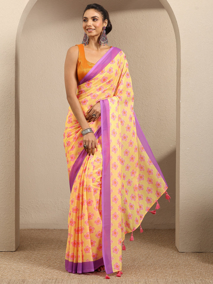 Mustard Printed Georgette Saree With Unstitched Blouse Piece