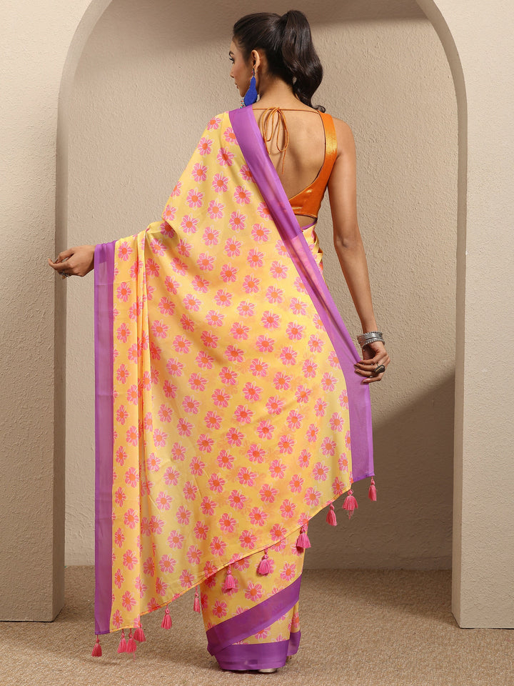 Mustard Printed Georgette Saree With Unstitched Blouse Piece