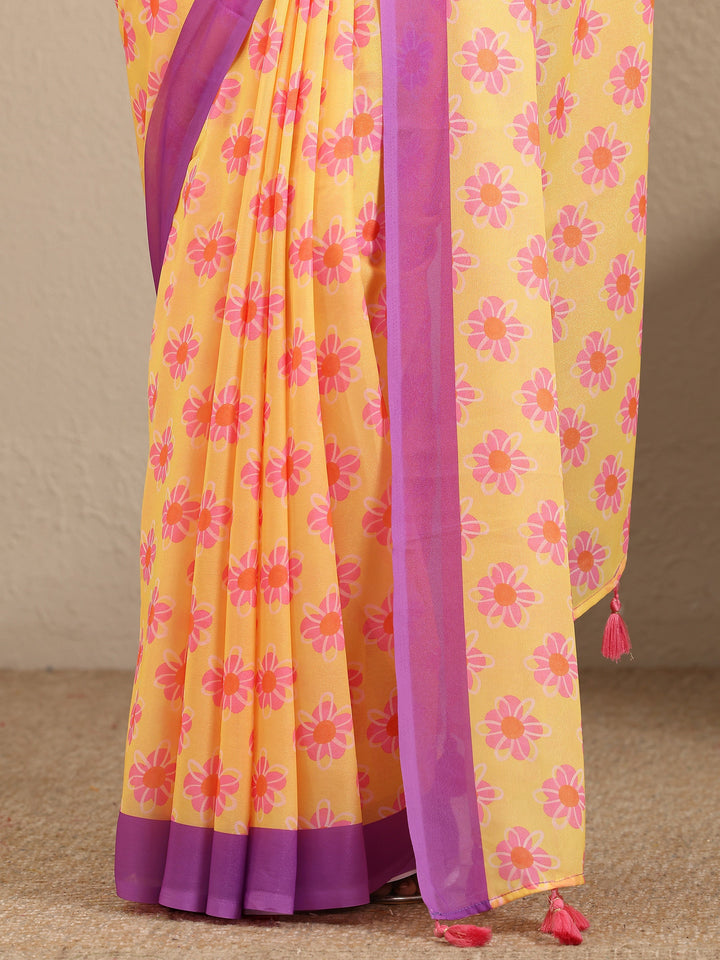 Mustard Printed Georgette Saree With Unstitched Blouse Piece