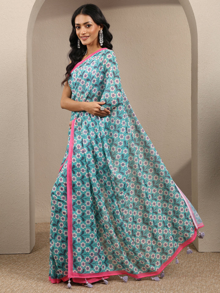 Green Printed Georgette Saree With Unstitched Blouse Piece