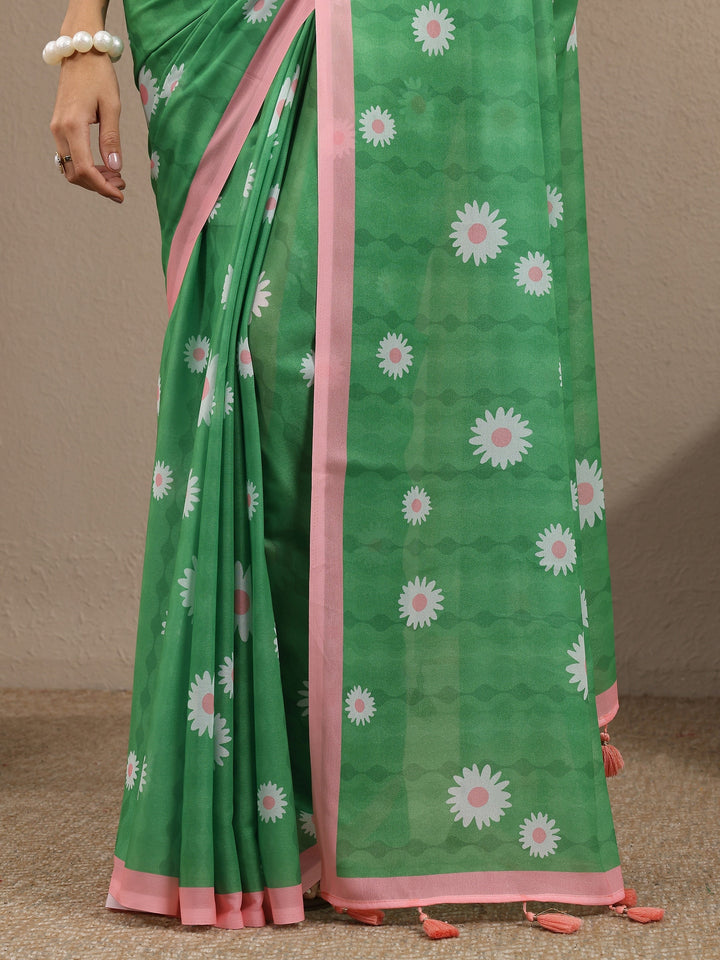 Green Printed Georgette Saree With Unstitched Blouse Piece