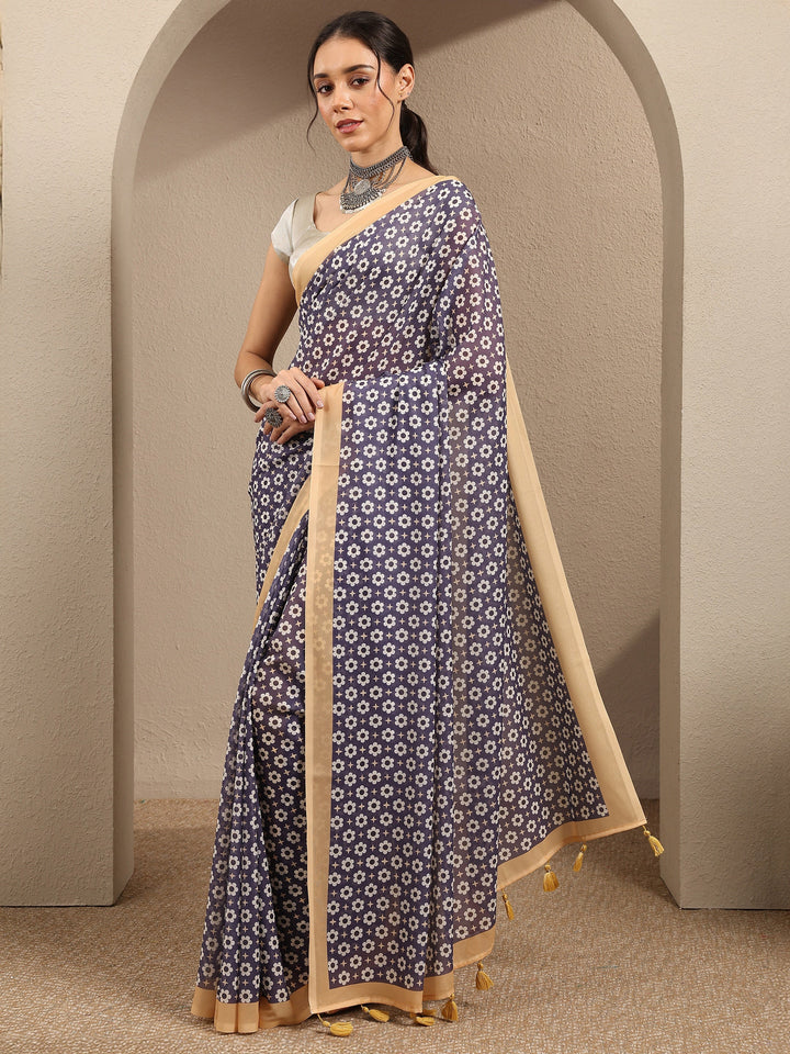 Lavender Printed Georgette Saree With Unstitched Blouse Piece