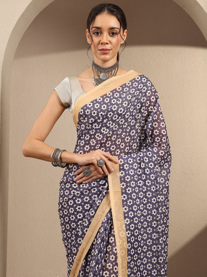 Lavender Printed Georgette Saree With Unstitched Blouse Piece