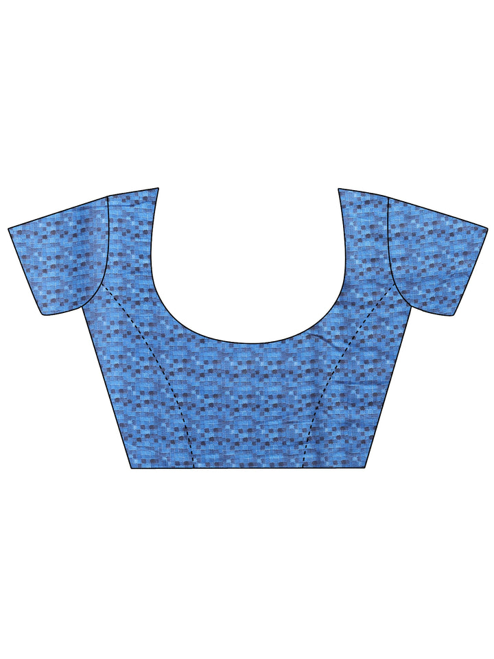 Blue Printed Cotton Blend Saree With Unstitched Blouse Piece