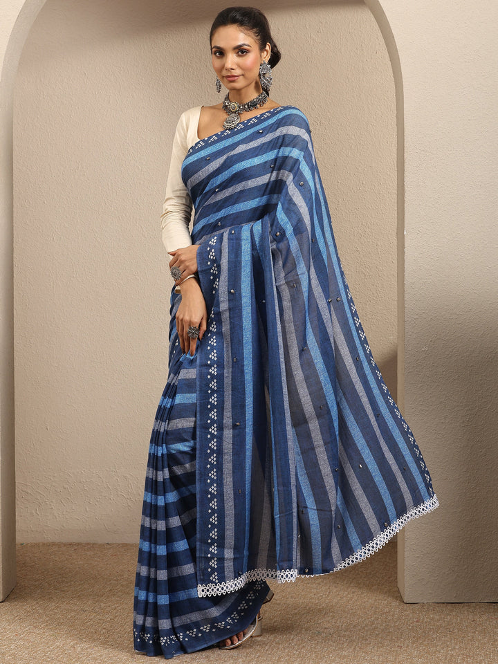 Blue Striped Printed Cotton Blend Saree With Unstitched Blouse Piece