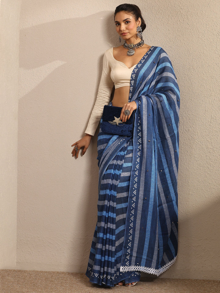 Blue Striped Printed Cotton Blend Saree With Unstitched Blouse Piece