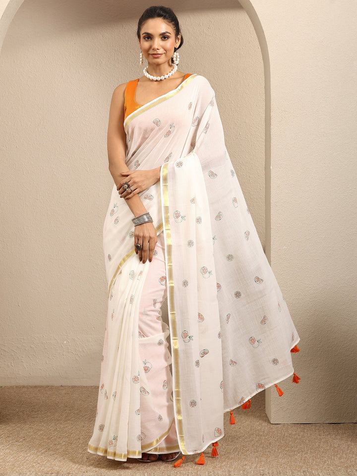 Off White Printed Cotton Blend Saree With Unstitched Blouse Piece