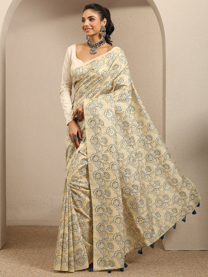 Beige Printed Cotton Blend Saree With Unstitched Blouse Piece