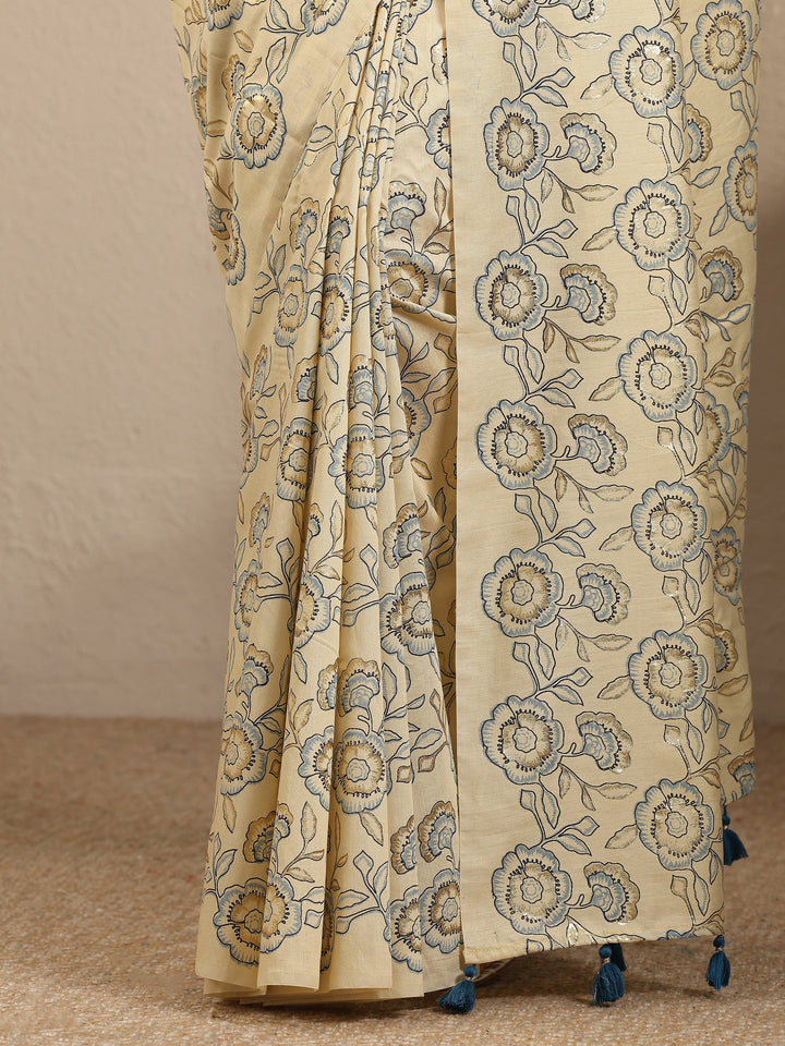 Beige Printed Cotton Blend Saree With Unstitched Blouse Piece