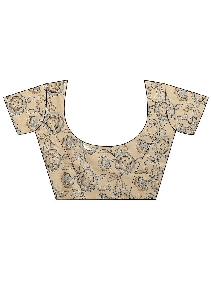 Beige Printed Cotton Blend Saree With Unstitched Blouse Piece