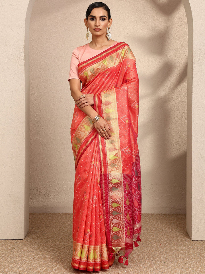 Coral Woven Design Banarsi Silk Blend Saree With Unstitched Blouse Piece