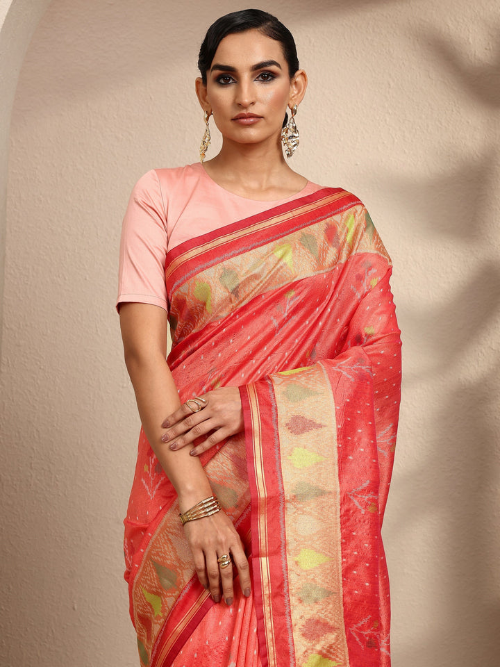 Coral Woven Design Banarsi Silk Blend Saree With Unstitched Blouse Piece
