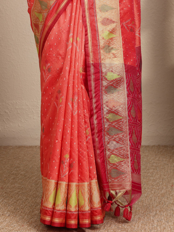 Coral Woven Design Banarsi Silk Blend Saree With Unstitched Blouse Piece