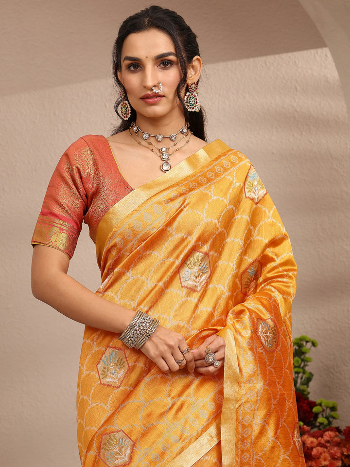 Mustard Woven Design Banarsi Silk Blend Saree With Unstitched Blouse Piece