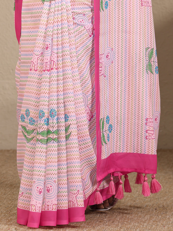 Pink Abstract Printed Cotton Blend Saree With Unstitched Blouse Piece