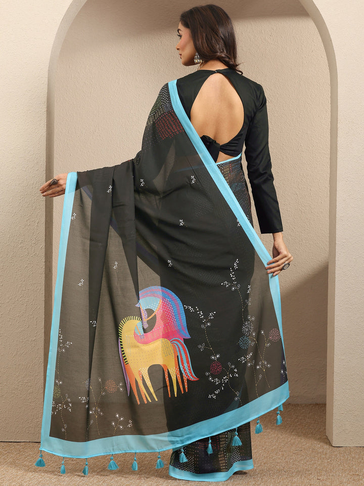 Black Printed Cotton Blend Saree With Unstitched Blouse Piece