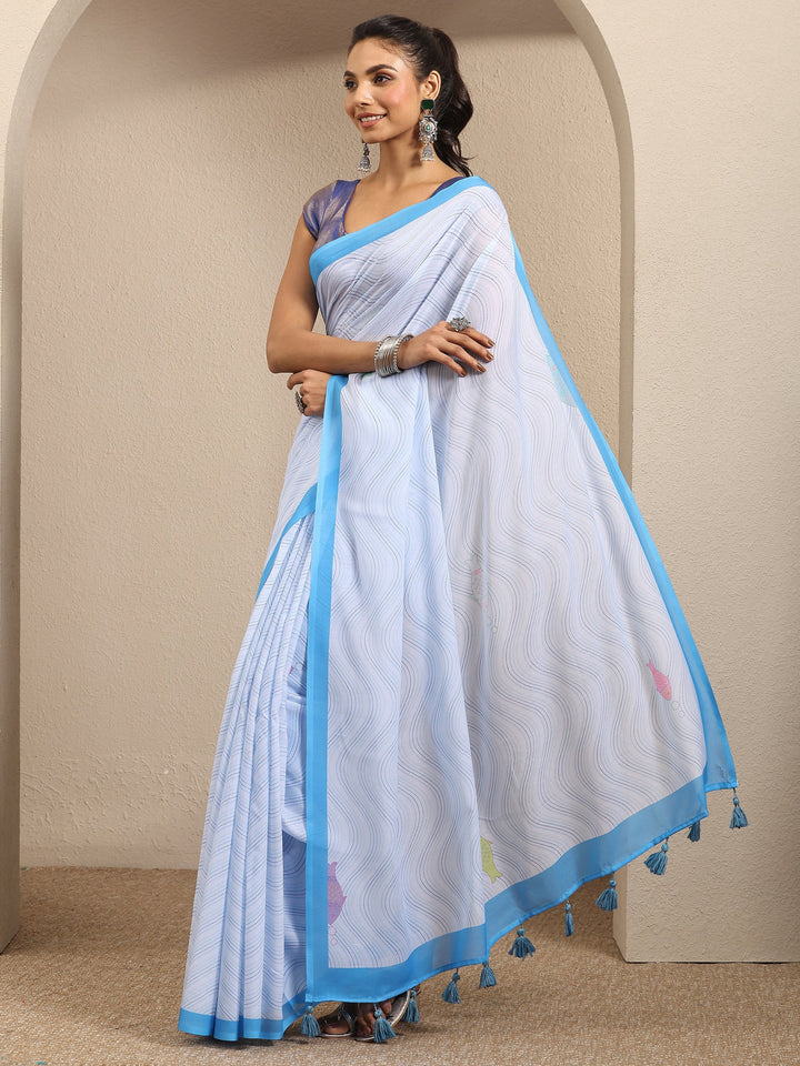 Blue Leheriya Printed Cotton Blend Saree With Unstitched Blouse Piece