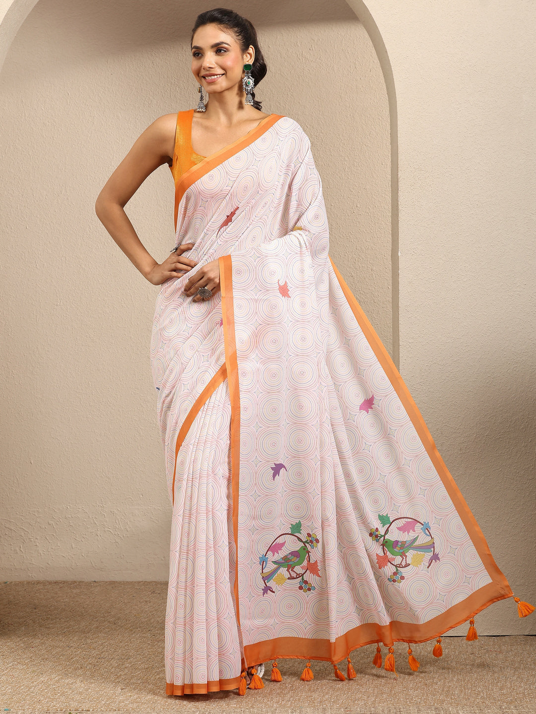 Multi Geometric Printed Cotton Blend Saree With Unstitched Blouse Piece