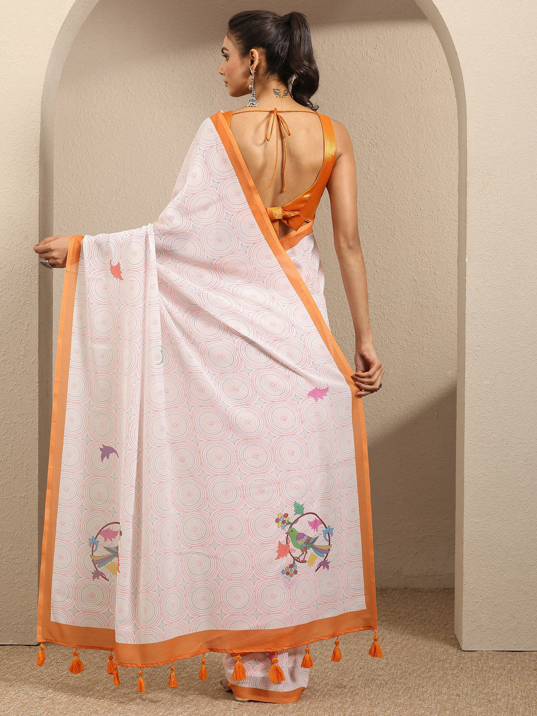 Multi Geometric Printed Cotton Blend Saree With Unstitched Blouse Piece