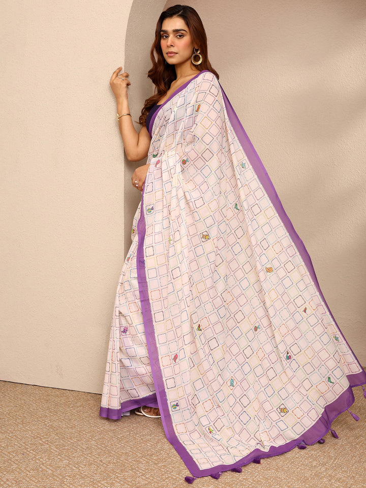 Multi Geometric Printed Cotton Blend Saree With Unstitched Blouse Piece