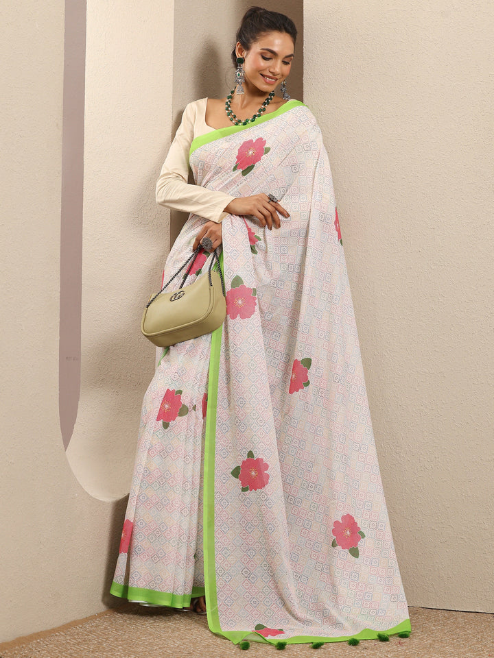 Multi Geometric Printed Cotton Blend Saree With Unstitched Blouse Piece