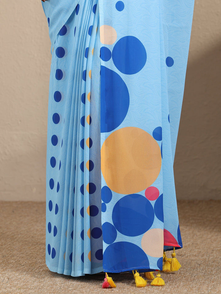 Blue Geometric Printed Georgette Saree With Unstitched Blouse Piece
