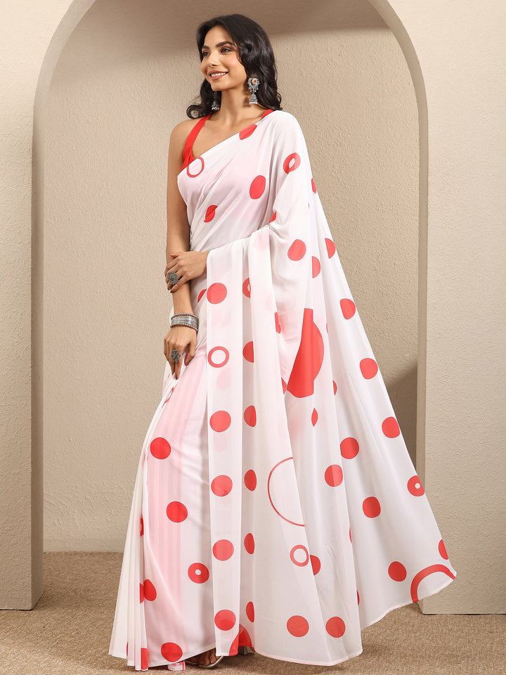 Off White Geometric Printed Georgette Saree With Unstitched Blouse Piece