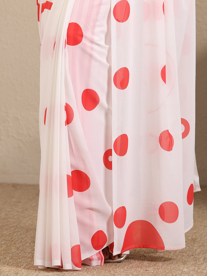 Off White Geometric Printed Georgette Saree With Unstitched Blouse Piece