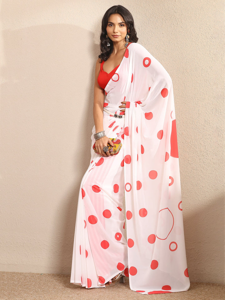 Off White Geometric Printed Georgette Saree With Unstitched Blouse Piece