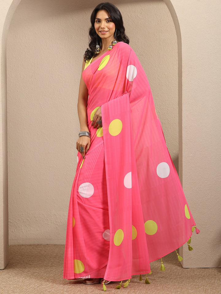 Pink Geometric Printed Georgette Saree With Unstitched Blouse Piece