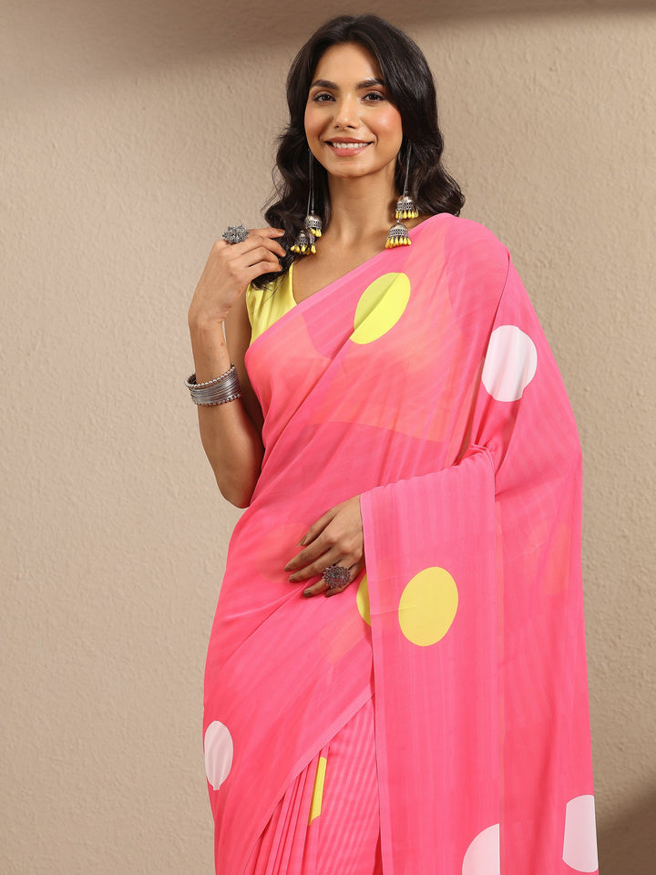 Pink Geometric Printed Georgette Saree With Unstitched Blouse Piece