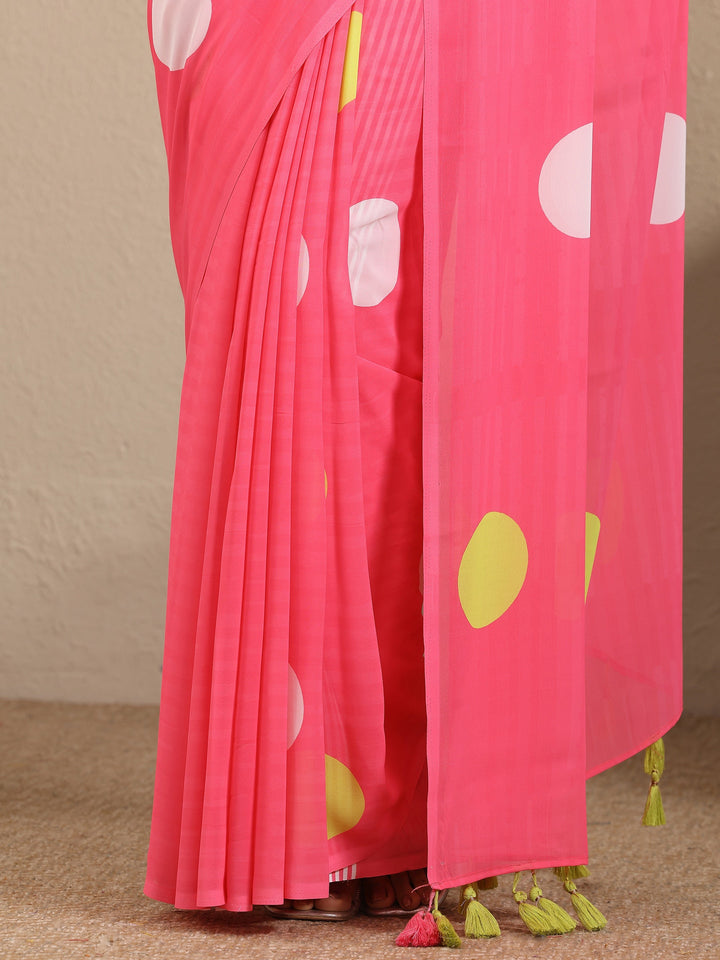Pink Geometric Printed Georgette Saree With Unstitched Blouse Piece