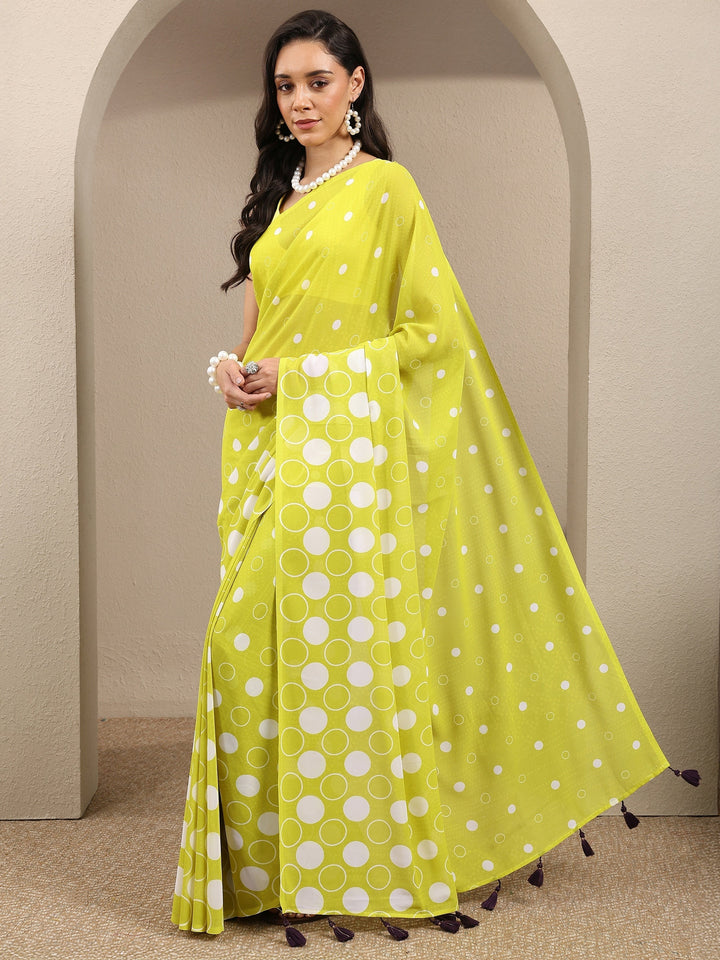 Green Geometric Printed Georgette Saree With Unstitched Blouse Piece