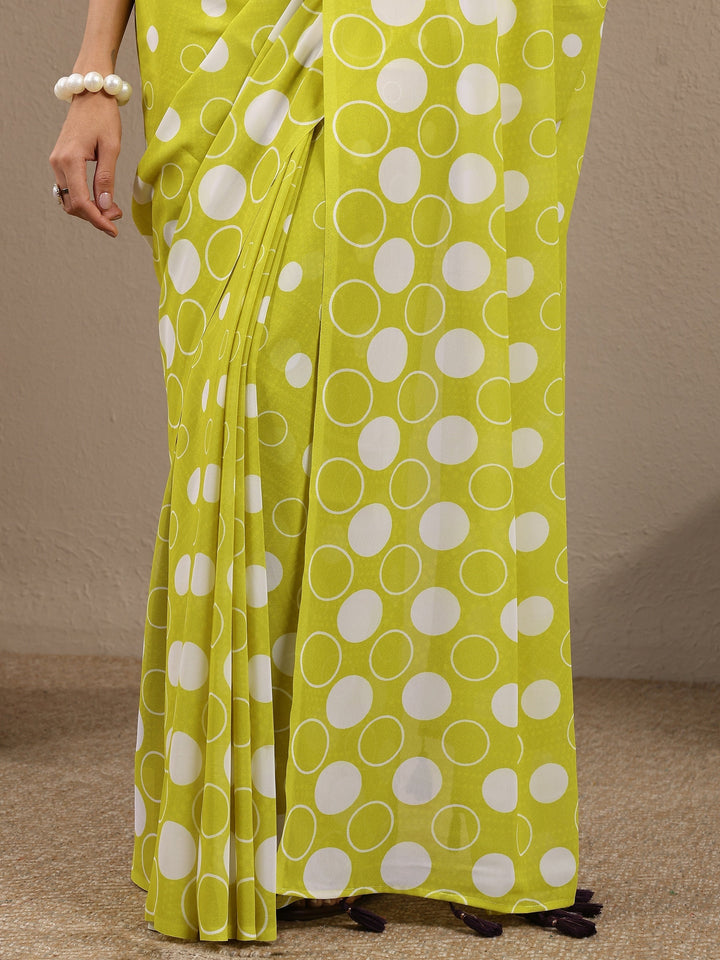 Green Geometric Printed Georgette Saree With Unstitched Blouse Piece
