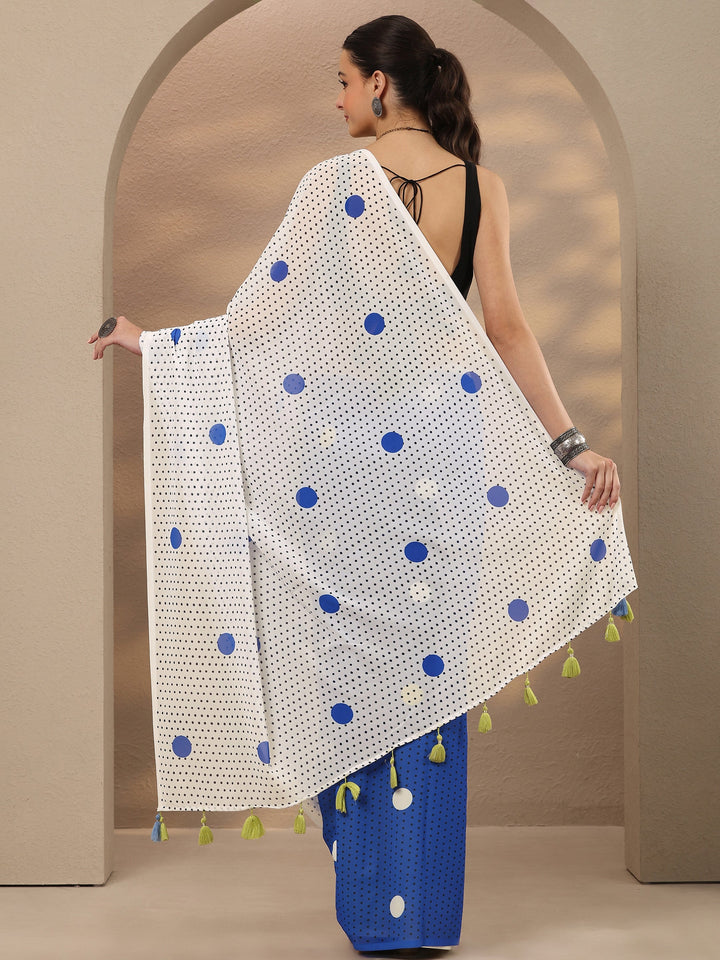 Off White Geometric Printed Georgette Saree With Unstitched Blouse Piece