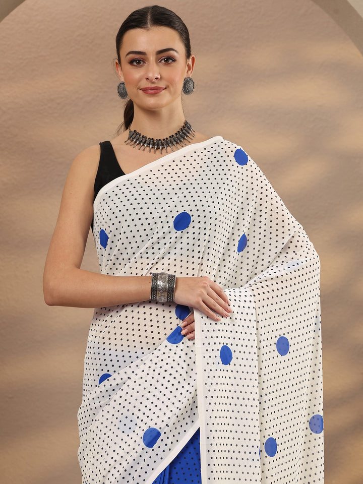 Off White Geometric Printed Georgette Saree With Unstitched Blouse Piece