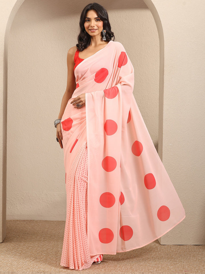 Peach Geometric Printed Georgette Saree With Unstitched Blouse Piece