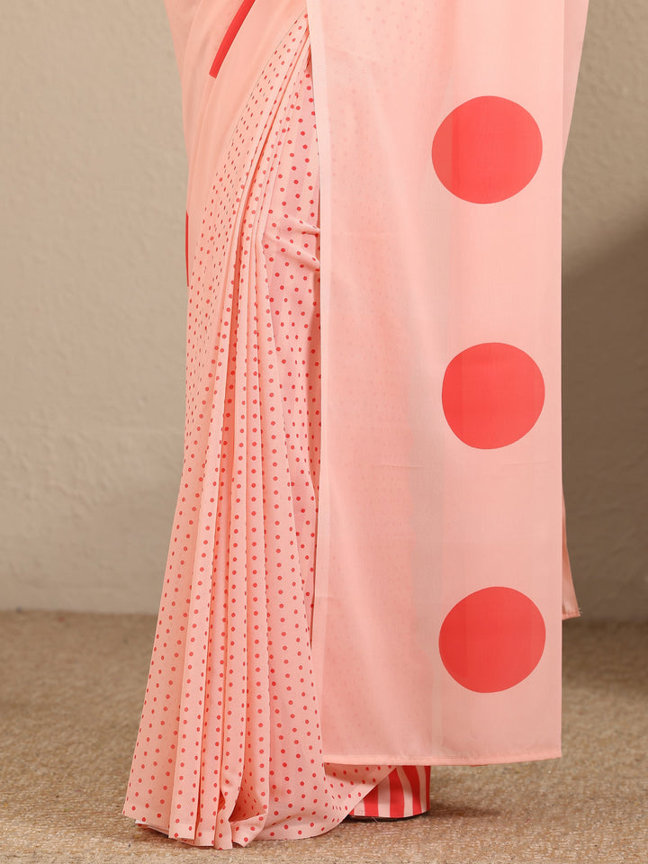 Peach Geometric Printed Georgette Saree With Unstitched Blouse Piece