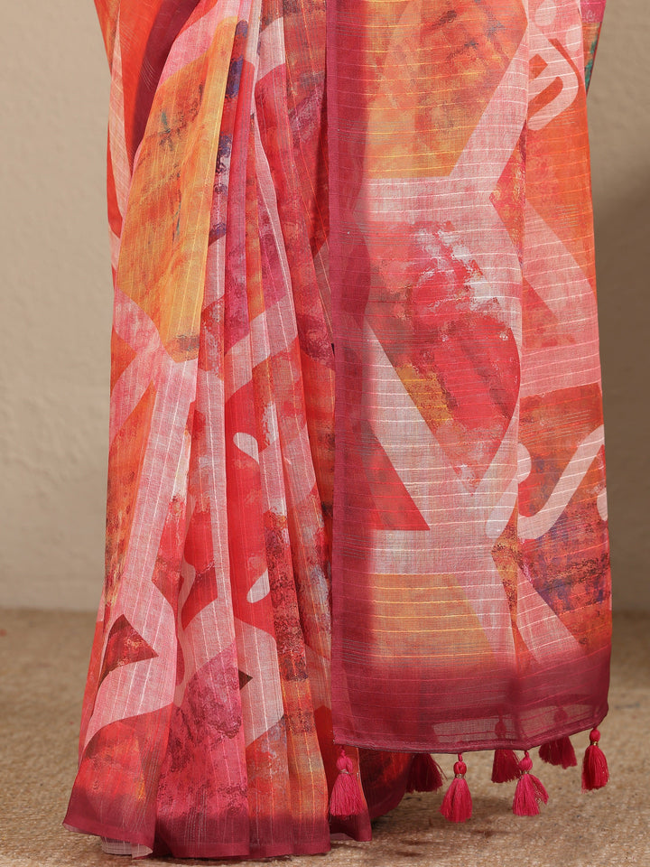Pink Abstract Printed Cotton Blend Saree With Unstitched Blouse Piece
