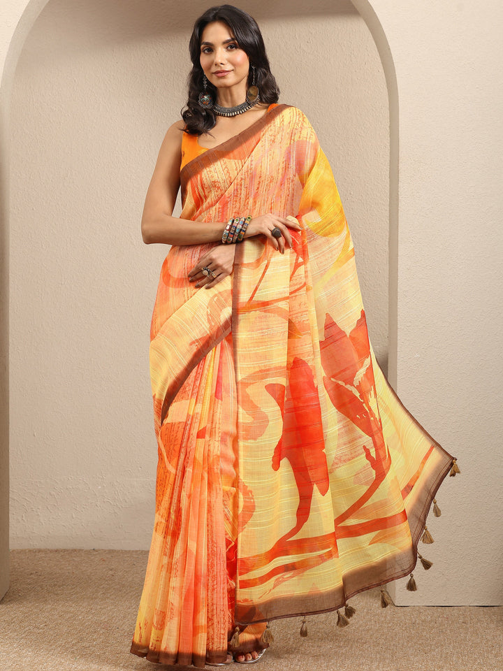 Yellow Printed Cotton Blend Saree With Unstitched Blouse Piece
