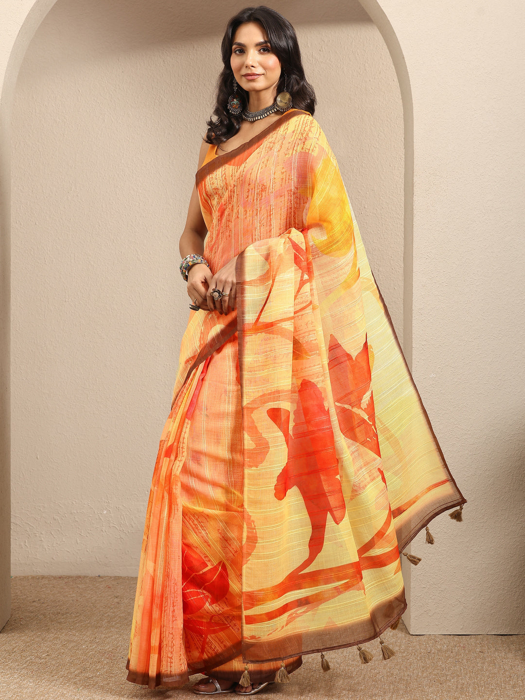 Yellow Printed Cotton Blend Saree With Unstitched Blouse Piece