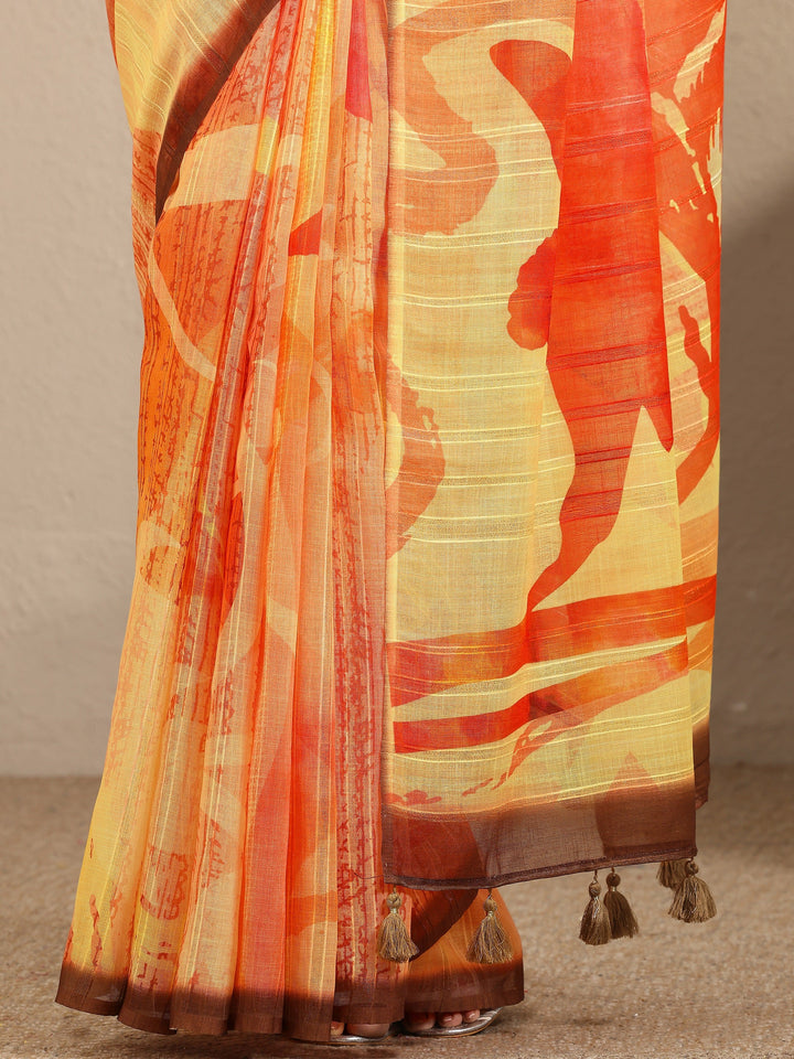 Yellow Printed Cotton Blend Saree With Unstitched Blouse Piece