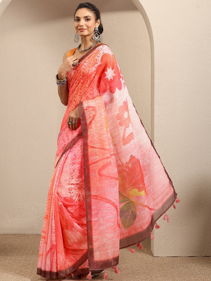 Pink Printed Cotton Blend Saree With Unstitched Blouse Piece