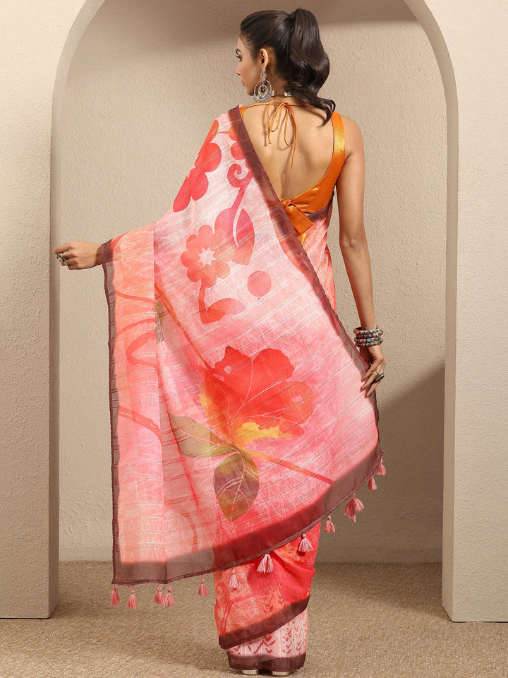 Pink Printed Cotton Blend Saree With Unstitched Blouse Piece