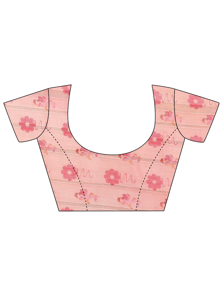 Pink Printed Cotton Blend Saree With Unstitched Blouse Piece