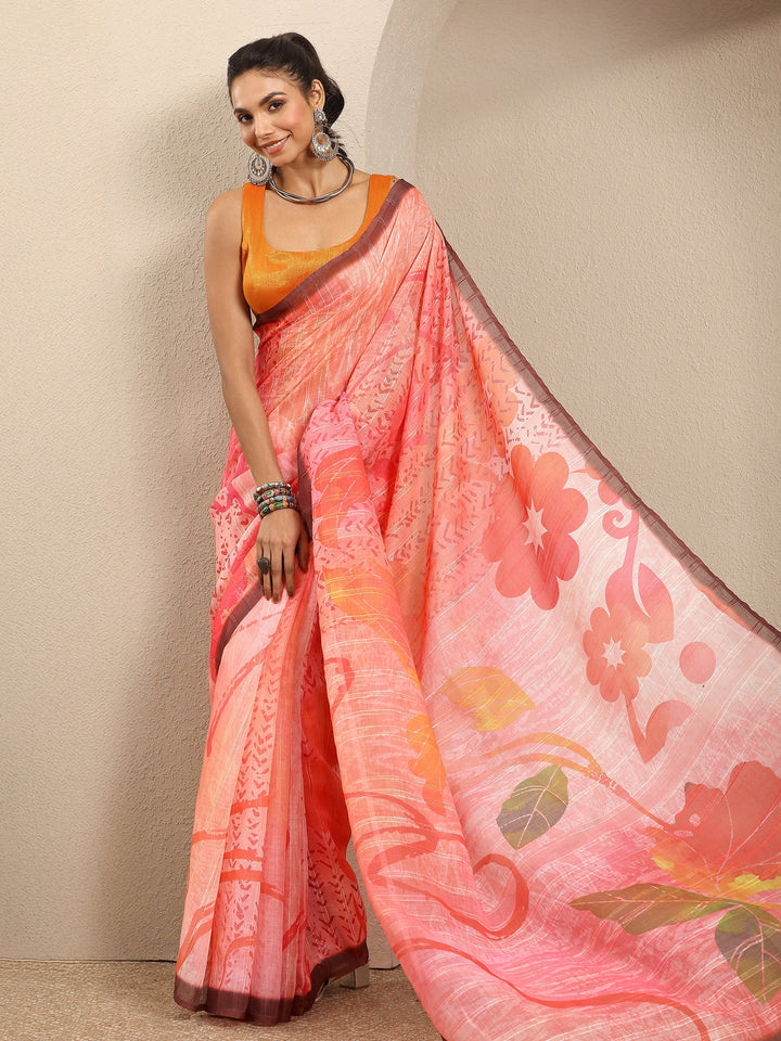 Pink Printed Cotton Blend Saree With Unstitched Blouse Piece