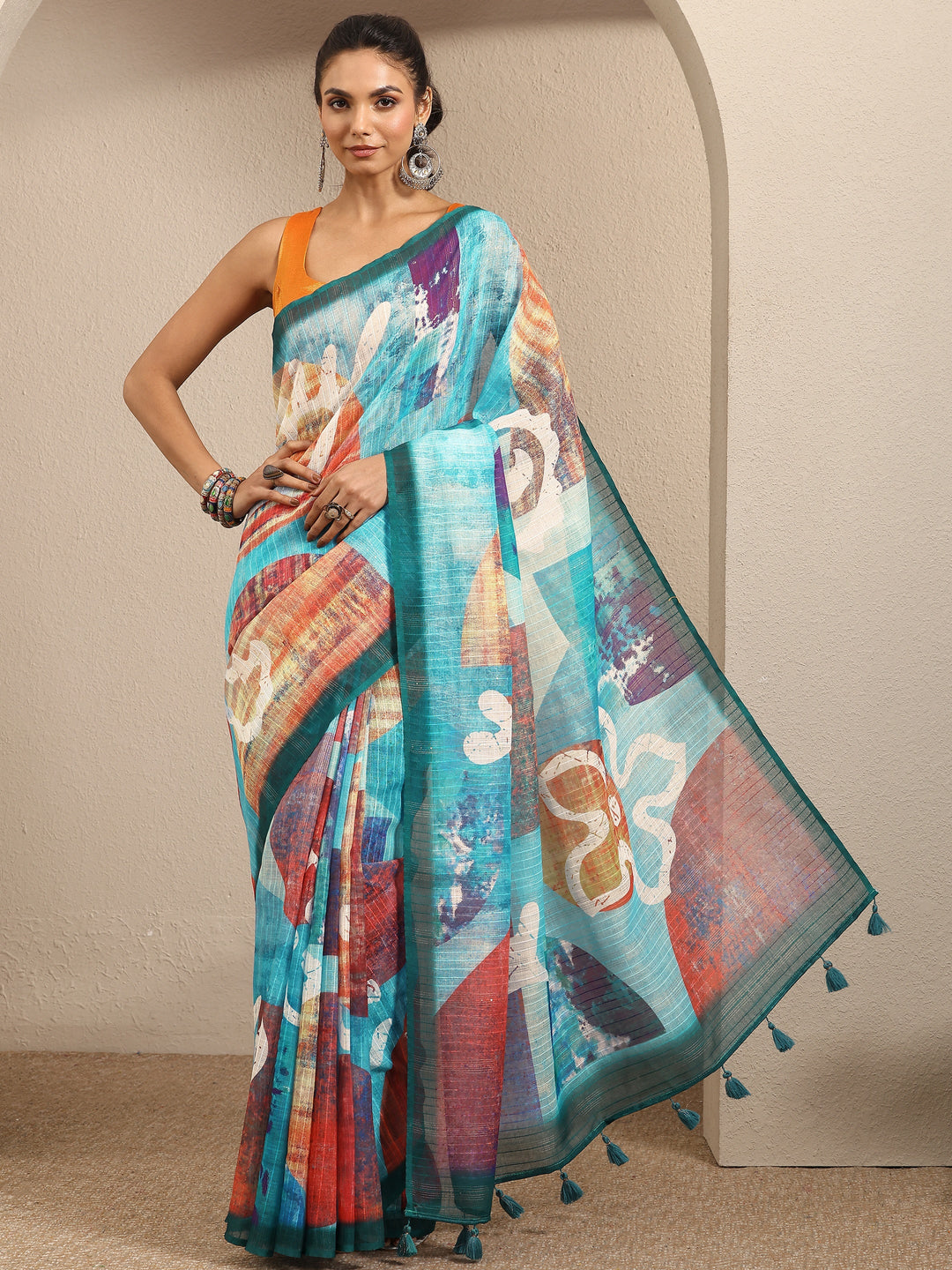 Multi Abstract Printed Cotton Blend Saree With Unstitched Blouse Piece
