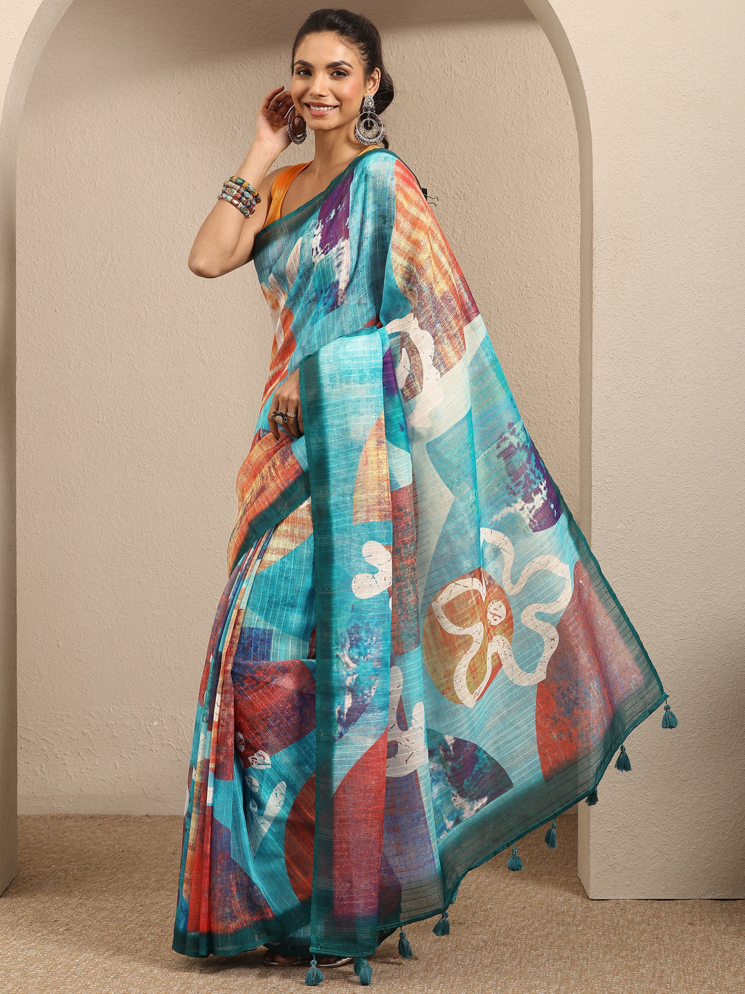Multi Abstract Printed Cotton Blend Saree With Unstitched Blouse Piece